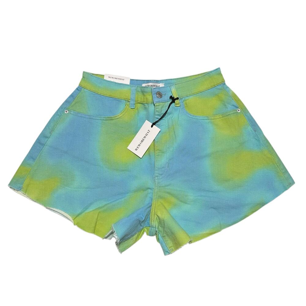 WEWOREWHAT Sz 28 Blue Green Tie Dye Stretch Twill Denim Flare Bell Jean Short